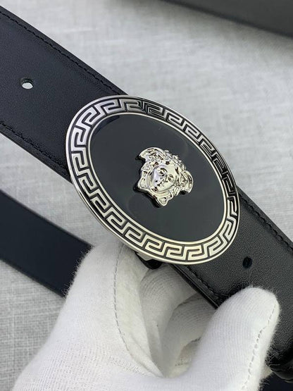 Versace Black Leather Vitello Belt Silver Medallion Buckle