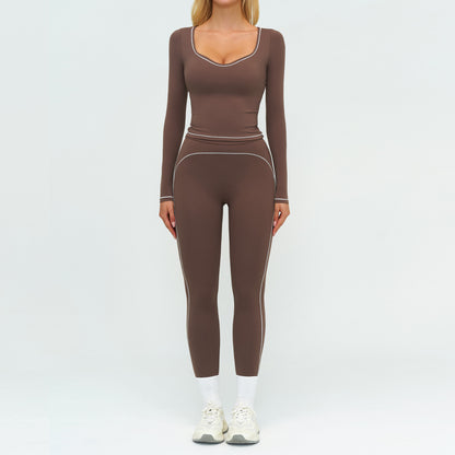 Color-Blocking Brushed Yoga Set for Women Double Shoulder Straps Workout Fitness Suit