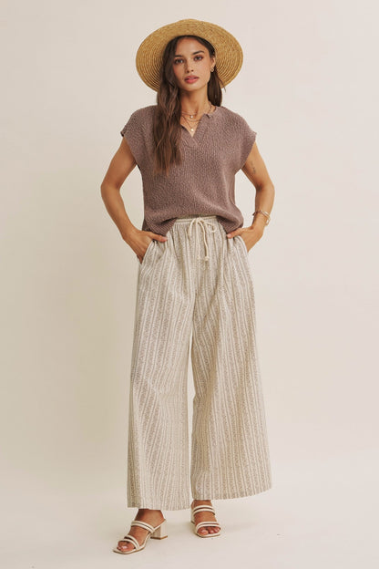Gentle Breeze Floral Stripe Wide-Leg Pants With Pockets