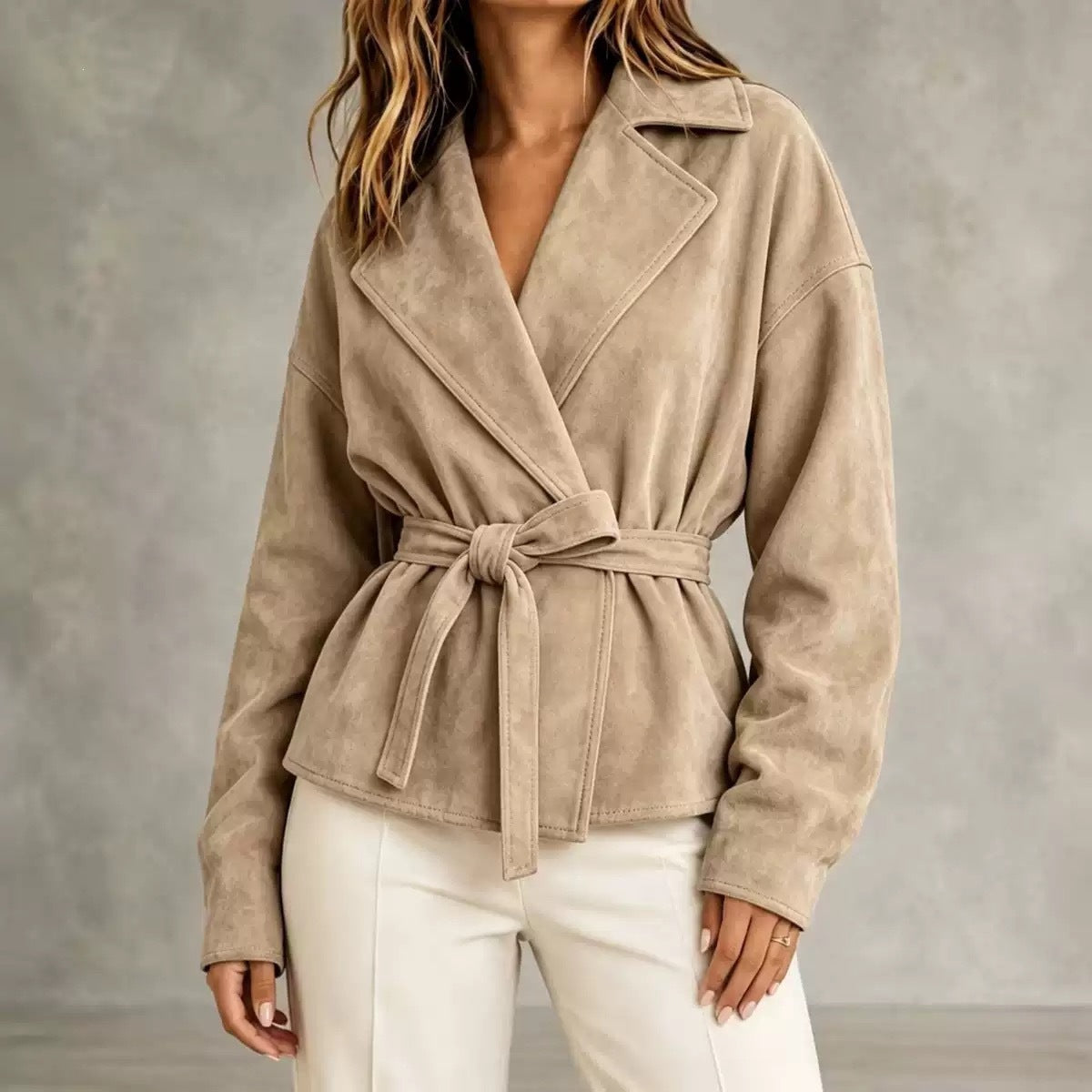 Lapel Suede Lace-Up Short Coat Loose Long Sleeve Jacket