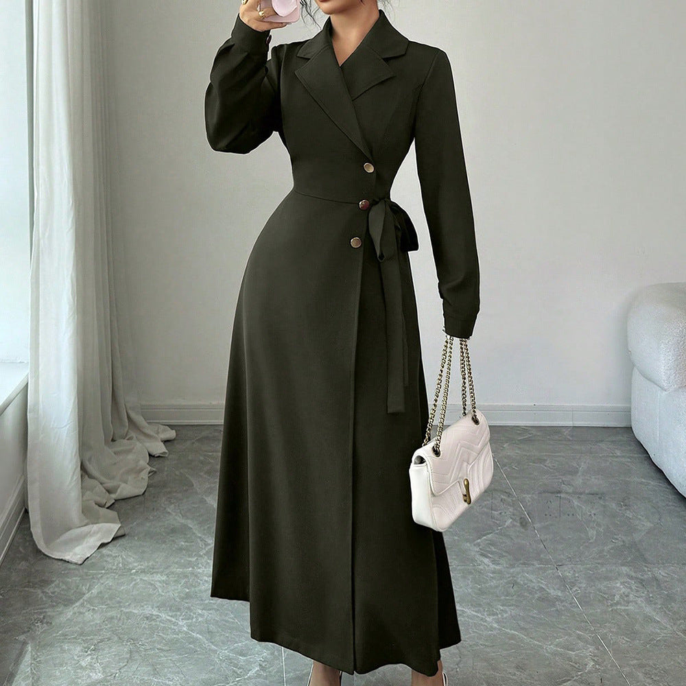 Womens Suit Collar Long Sleeve Waist Tie Dress