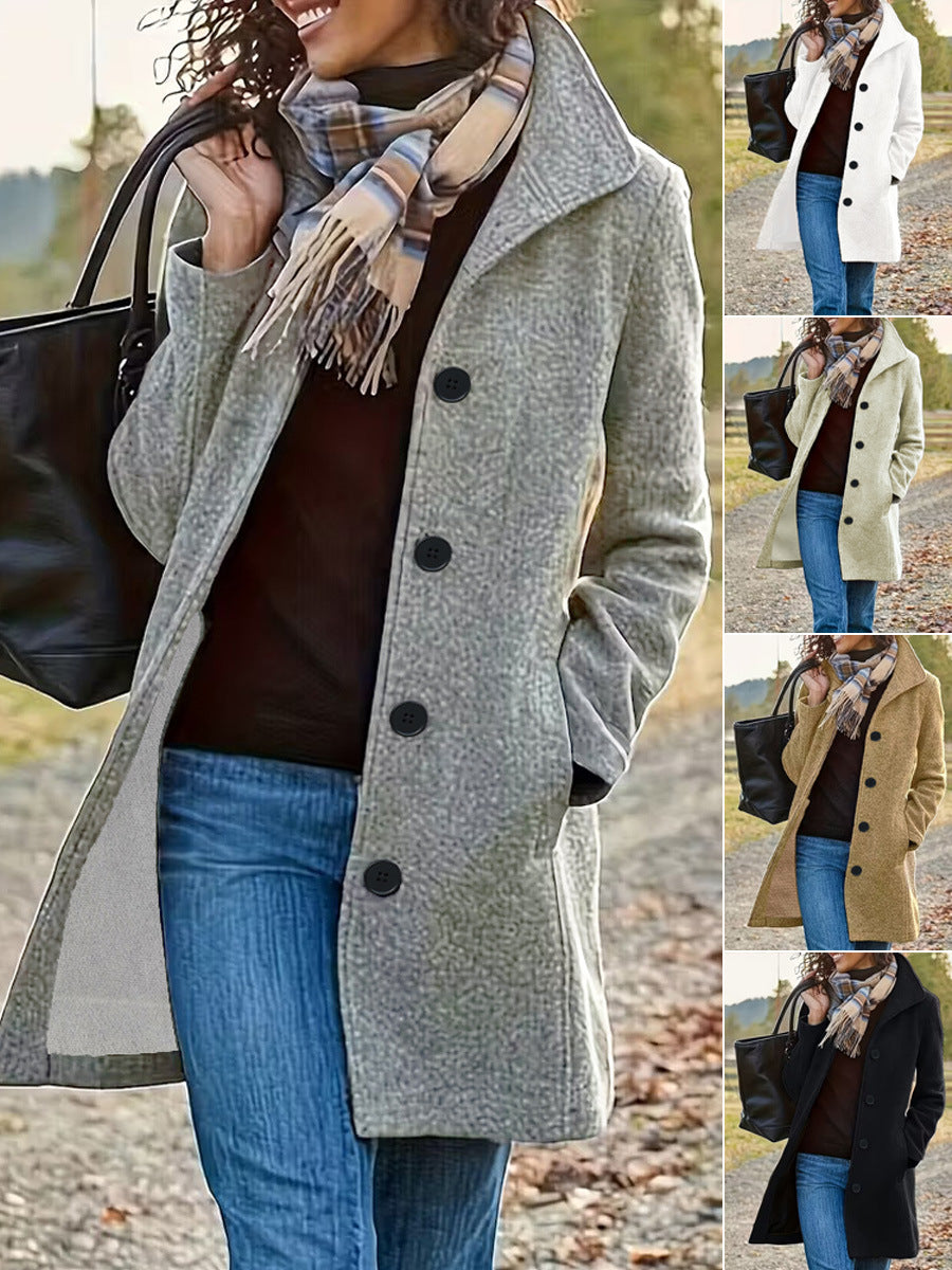 Women Solid Color Lapel Woolen Coat Long Winter Overcoat