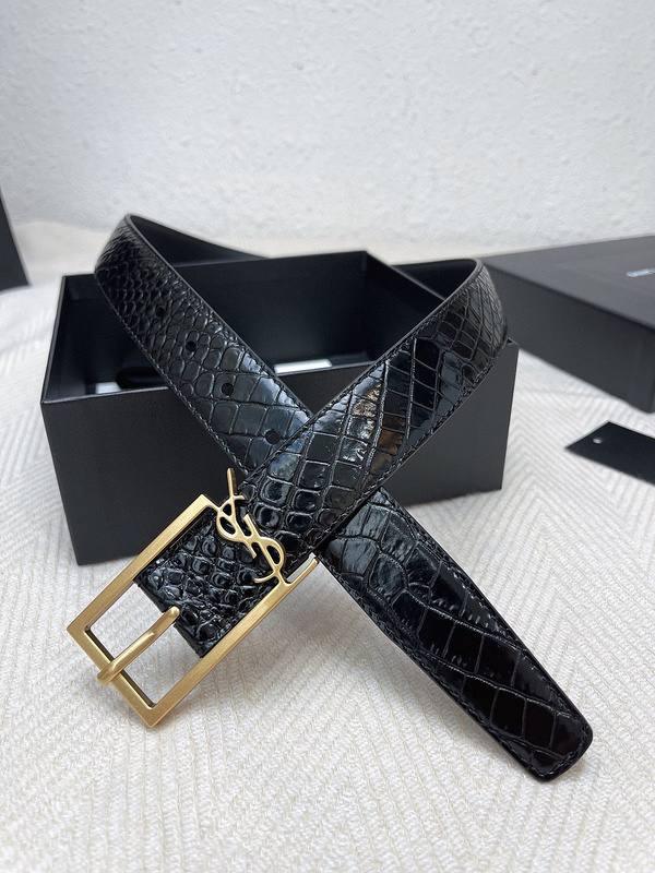 Saint Laurent Classic Monogram Square Buckle Belt Crocodile Embossed Leather