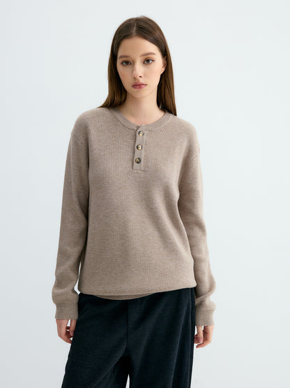 Ribbed Henley Collar Knit Sweater