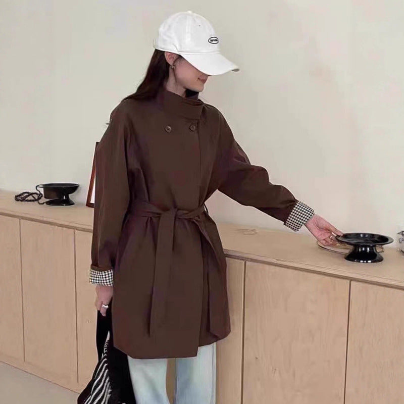 Cinched-waist mid-length trench coat