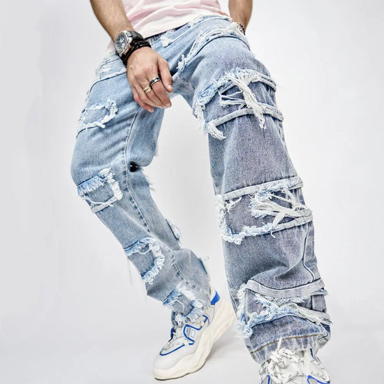 Dropshipman High Street Trousers for men, full-length straight fit hip hop jeans with patched design and casual style.