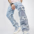 Dropshipman High Street Trousers for men, full-length straight fit hip hop jeans with patched design and casual style.