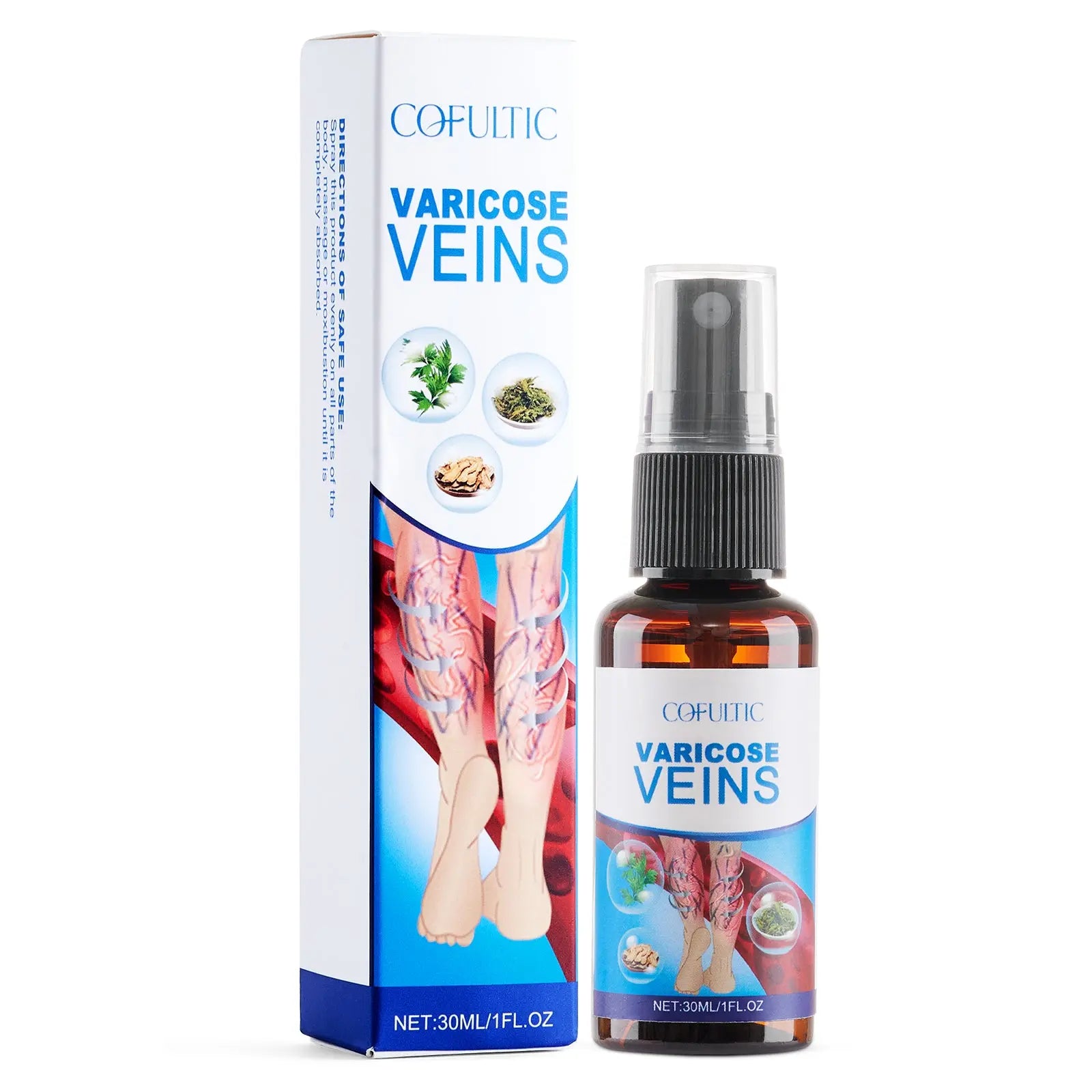 30ml Dropshipman varicose vein spray for knee and leg care, promoting blood circulation and soothing leg discomfort.