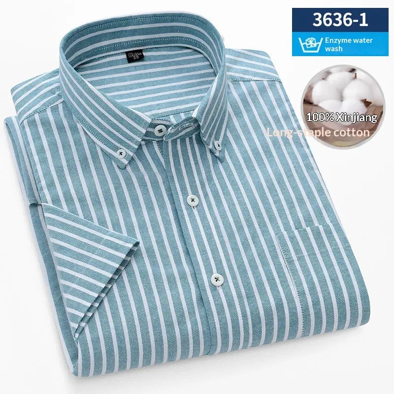Mens short-sleeve pure cotton Oxford shirt in blue with small check pattern, from Dropshipman.