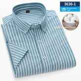 Mens short-sleeve pure cotton Oxford shirt in blue with small check pattern, from Dropshipman.