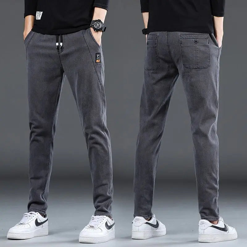 Light blue denim stretch casual men's trousers from Dropshipman, featuring a slim fit and comfortable, thin design.