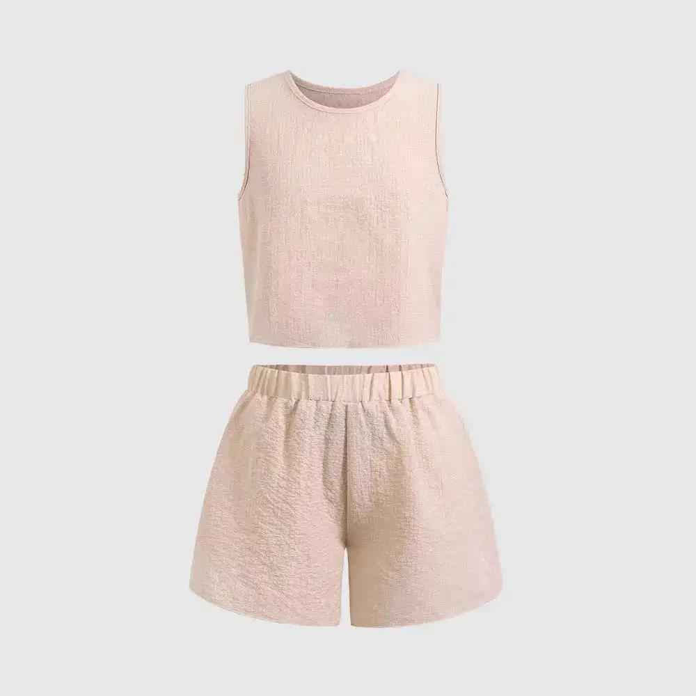 Sweet-style Apricot Two-piece Set For Girls Back-knot Vest And Shorts