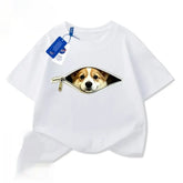 Bright apricot T-shirt with cartoon fun print for men and women by Dropshipman, displayed on a hanger.