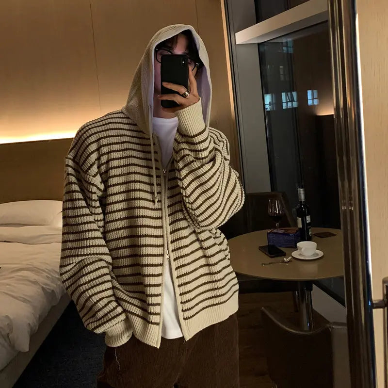 Dropshipman autumn winter hooded striped sweater cardigan coat in apricot, featuring a cozy, stylish design for cold weather.