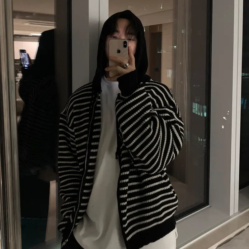 Dropshipman autumn winter hooded striped sweater cardigan coat in apricot color, featuring a cozy, stylish design for cold weather.