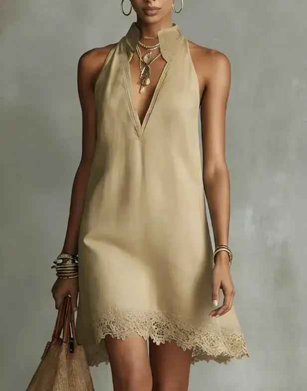Deep V-neck Pleated Solid-color Casual Dress