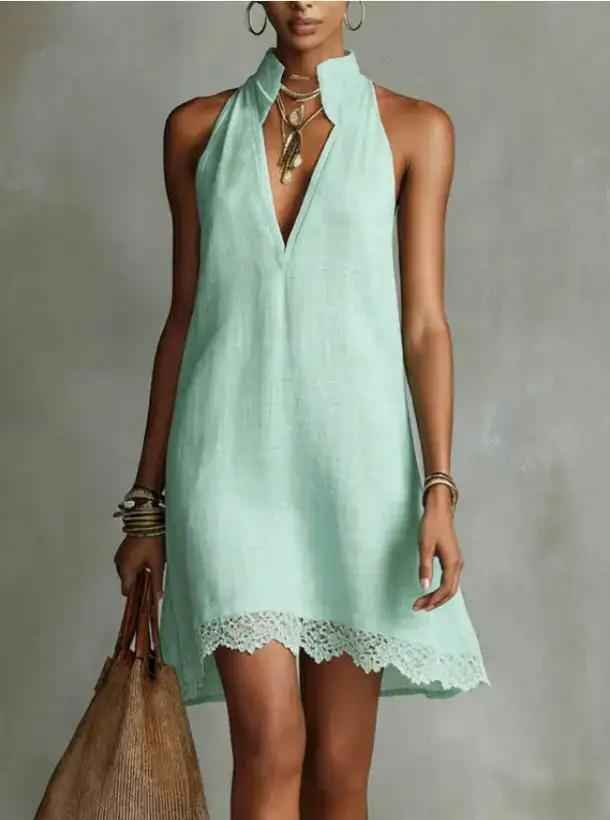 Deep V-neck Pleated Solid-color Casual Dress