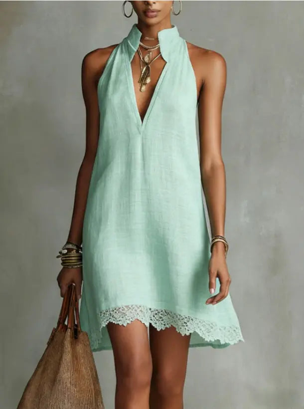 Apricot deep V-neck pleated solid-color casual dress by Dropshipman, featuring a stylish and comfortable design.