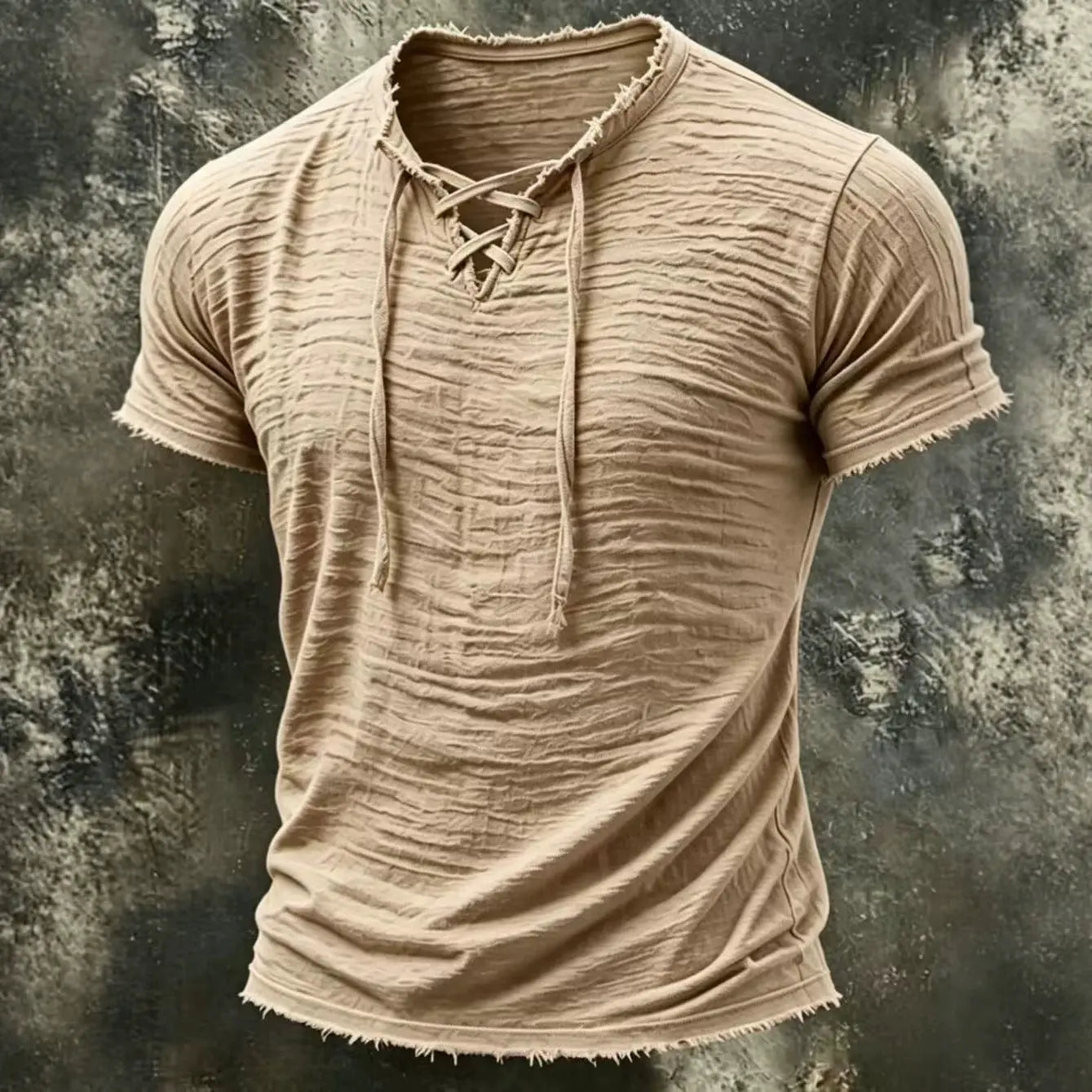 Mens retro cotton-linen T-shirt with V-neck and short sleeves in apricot, from Dropshipman, casual and lightweight summer top.