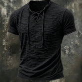Mens retro cotton-linen T-shirt with V-neck and short sleeves in apricot, by Dropshipman, casual and breathable summer style.