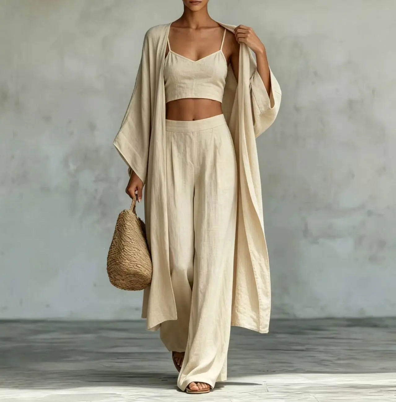 Apricot three-piece set with cardigan, camisole, and high-waisted wide-leg pants from Dropshipman, styled together.