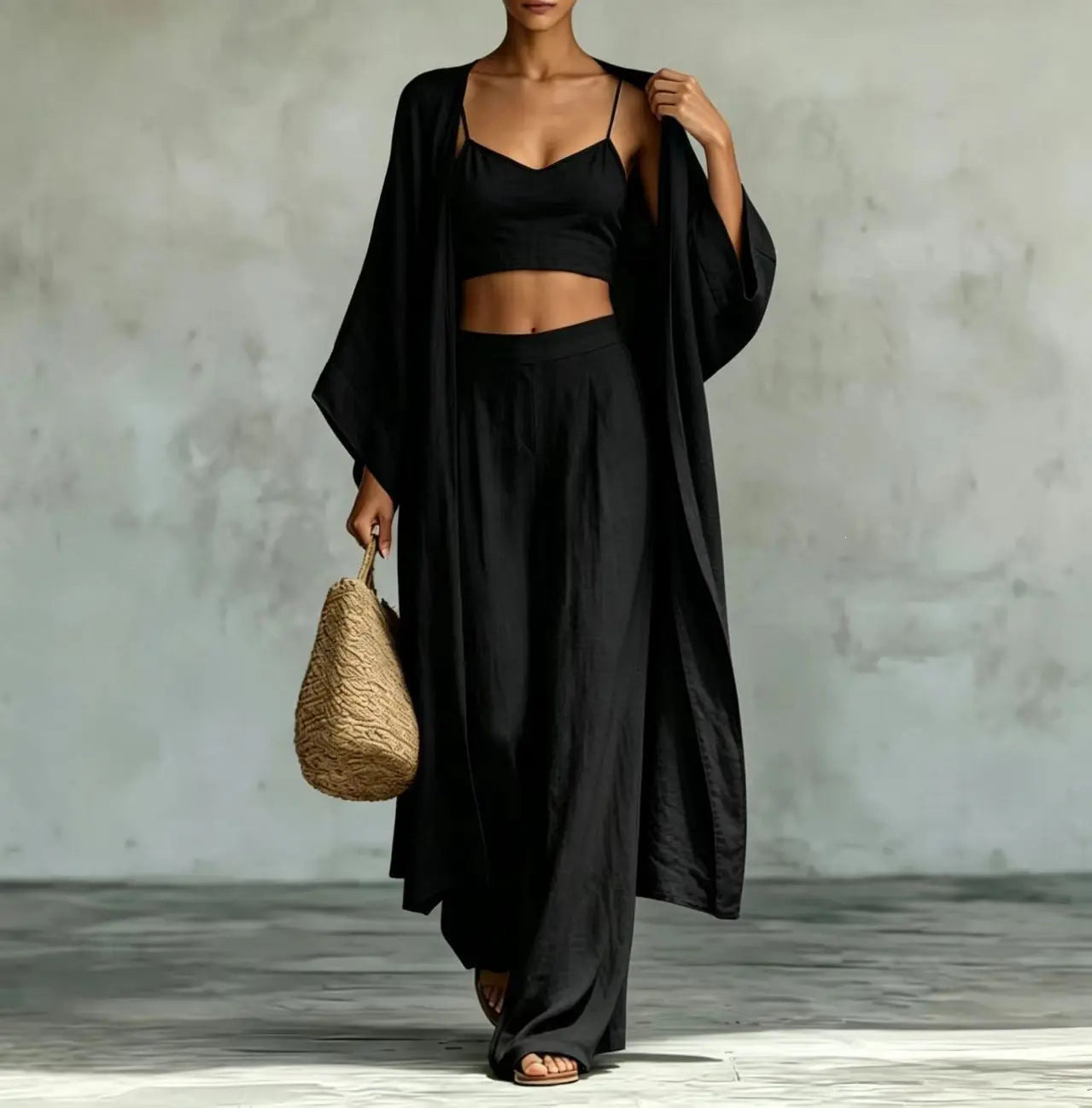 Apricot three-piece set featuring a cardigan, camisole, and high-waisted wide-leg pants by Dropshipman.