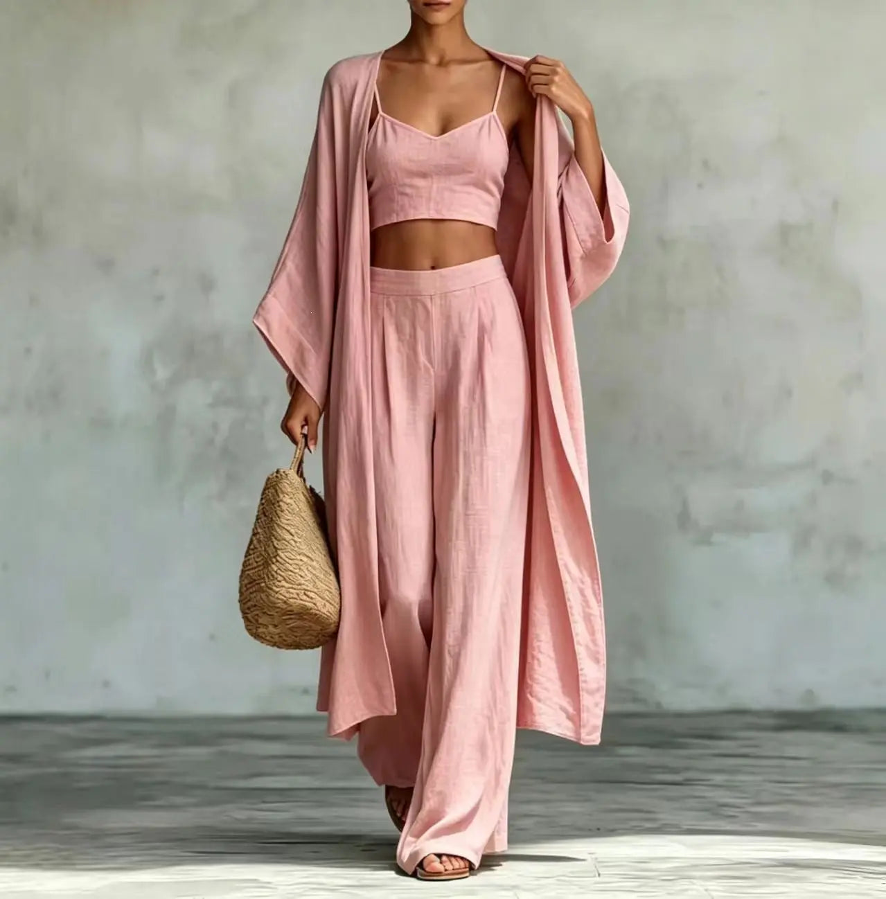 Dropshipman apricot three-piece set with cardigan, camisole, and high-waisted wide-leg pants laid flat.