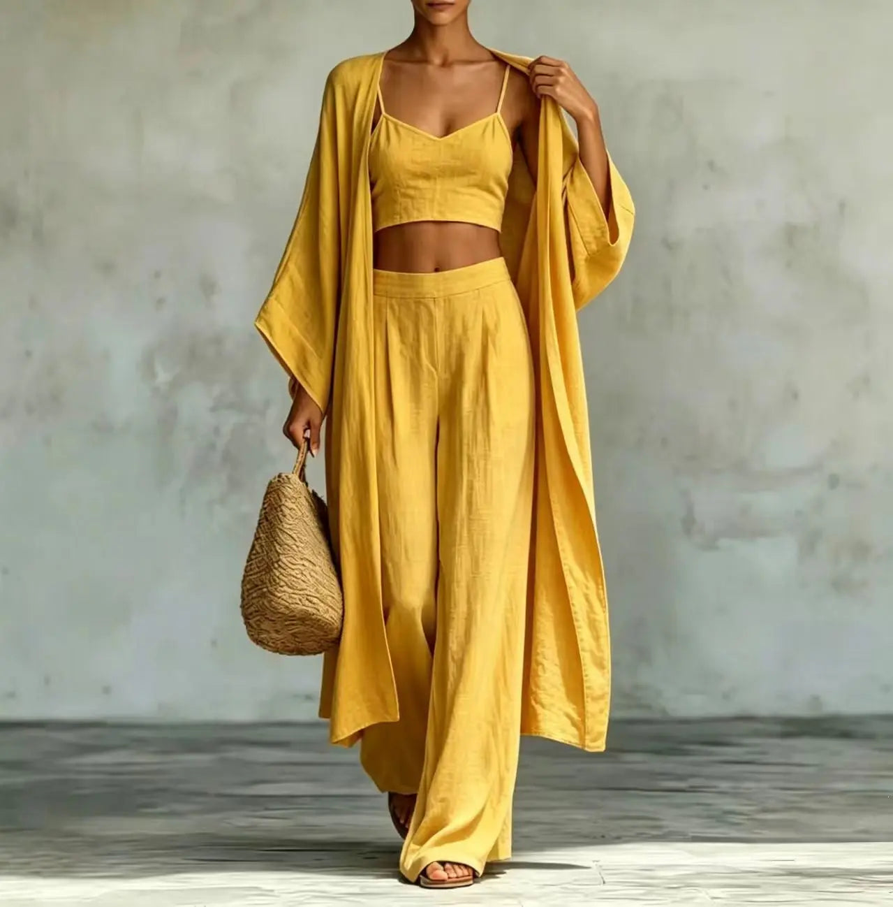 Dropshipman apricot three-piece set with cardigan, camisole, and high-waisted wide-leg pants, perfect for casual or stylish wear.