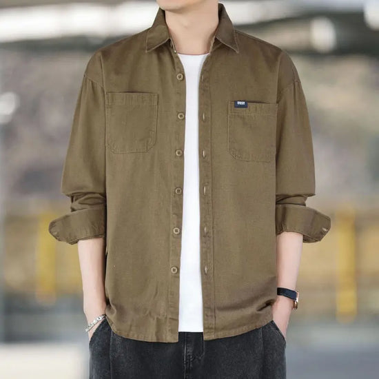 Army gray casual retro minimalist shirt for men by Dropshipman, featuring a relaxed fit and simple design.