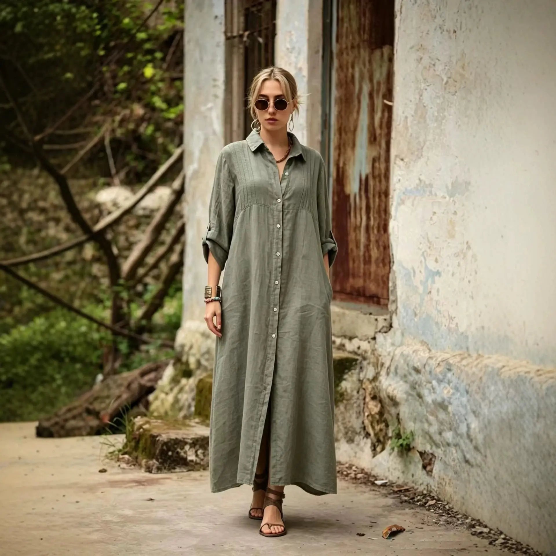 Army green elegant loose-fit long dress by Dropshipman, featuring simple, stylish design and comfortable flowy fabric.