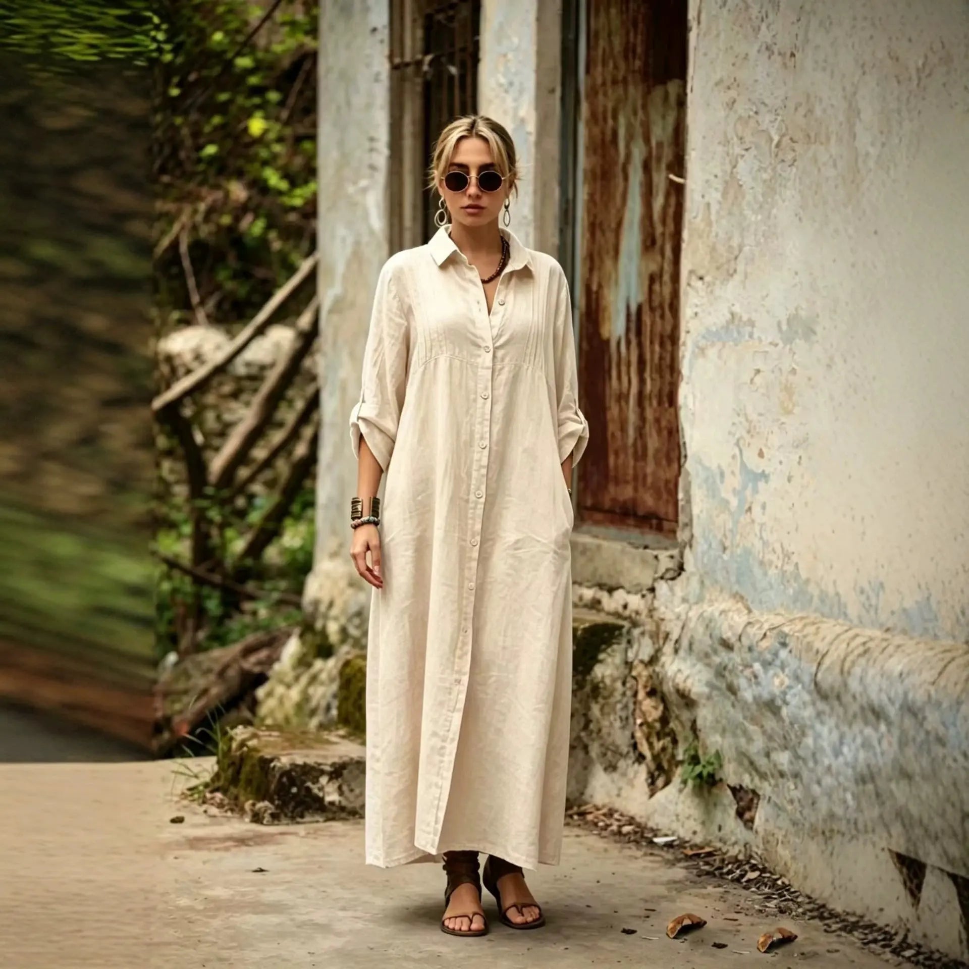 Army green loose-fit long dress by Dropshipman featuring a simple, elegant, and fashionable design.