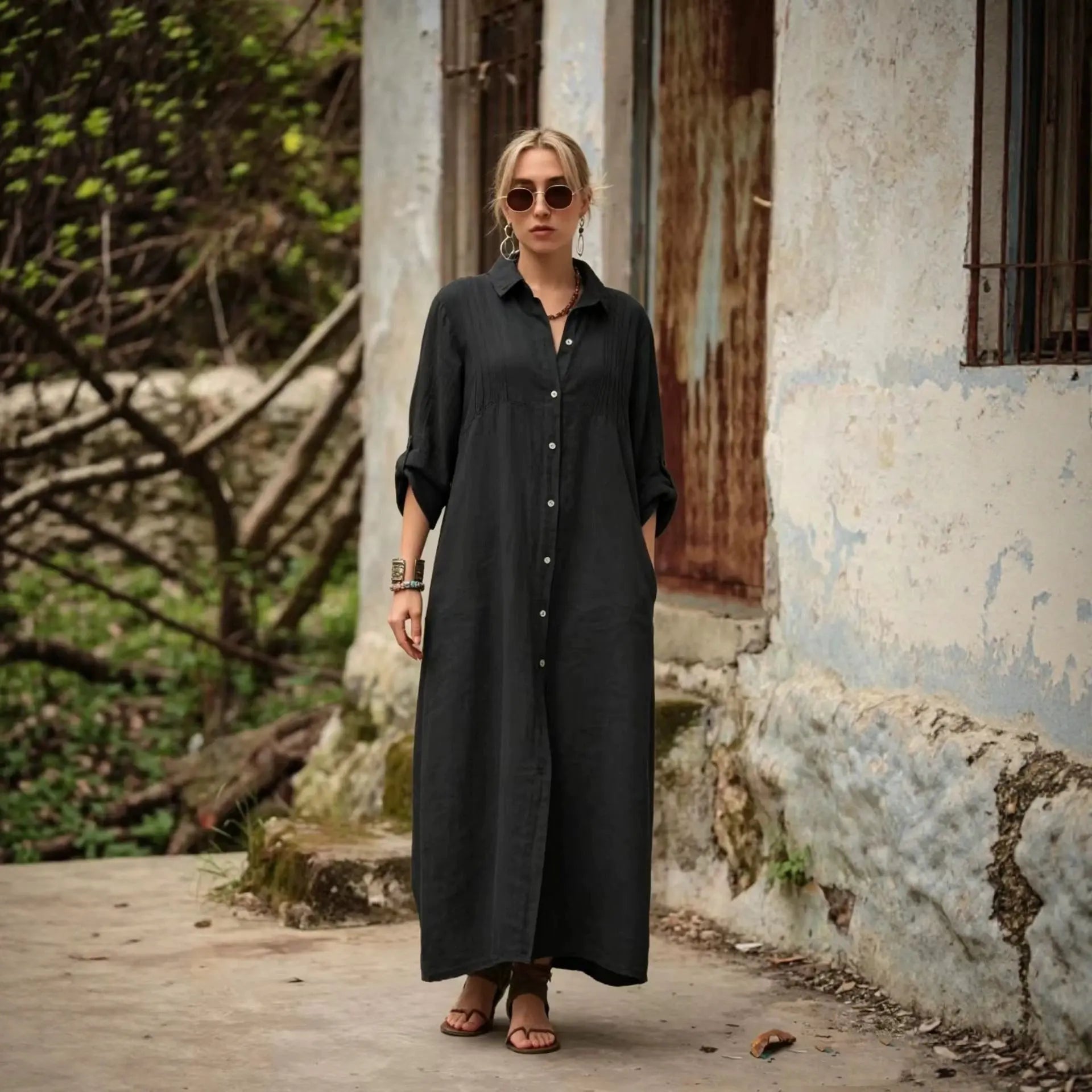 Army green elegant long dress by Dropshipman featuring a simple, loose-fit, fashionable design and flowing silhouette.