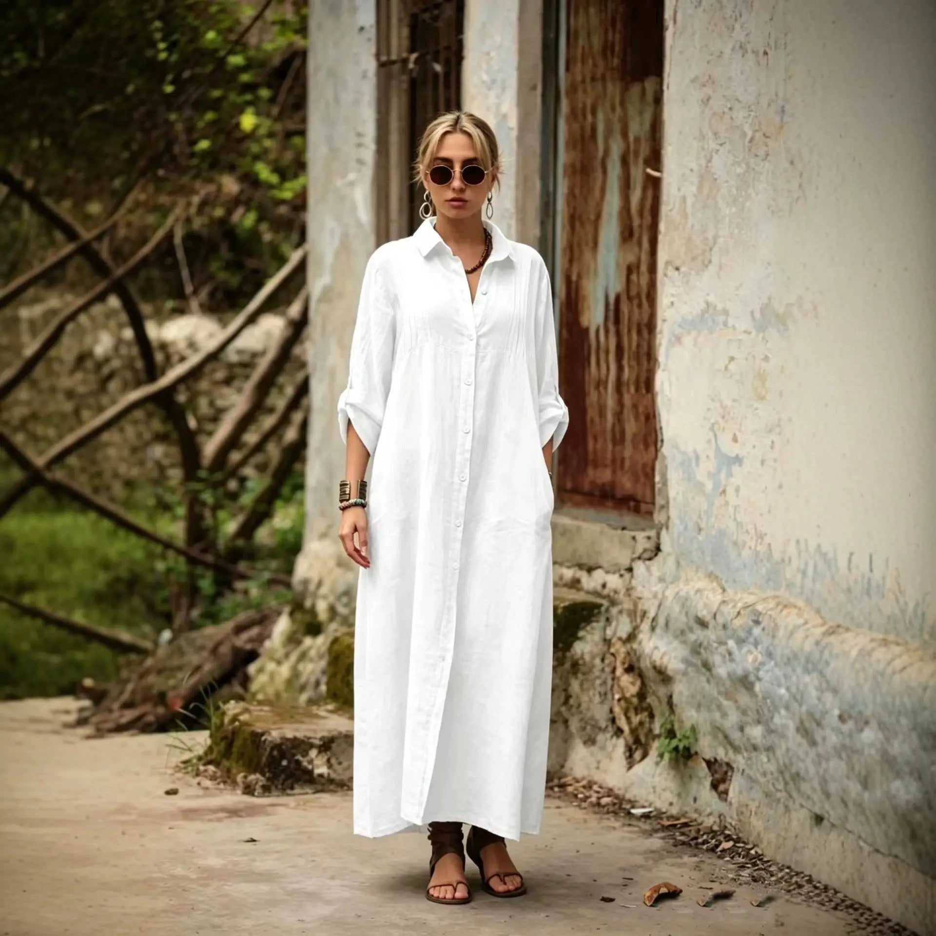 Army green loose-fit long dress by Dropshipman featuring a simple, elegant, and fashionable design.