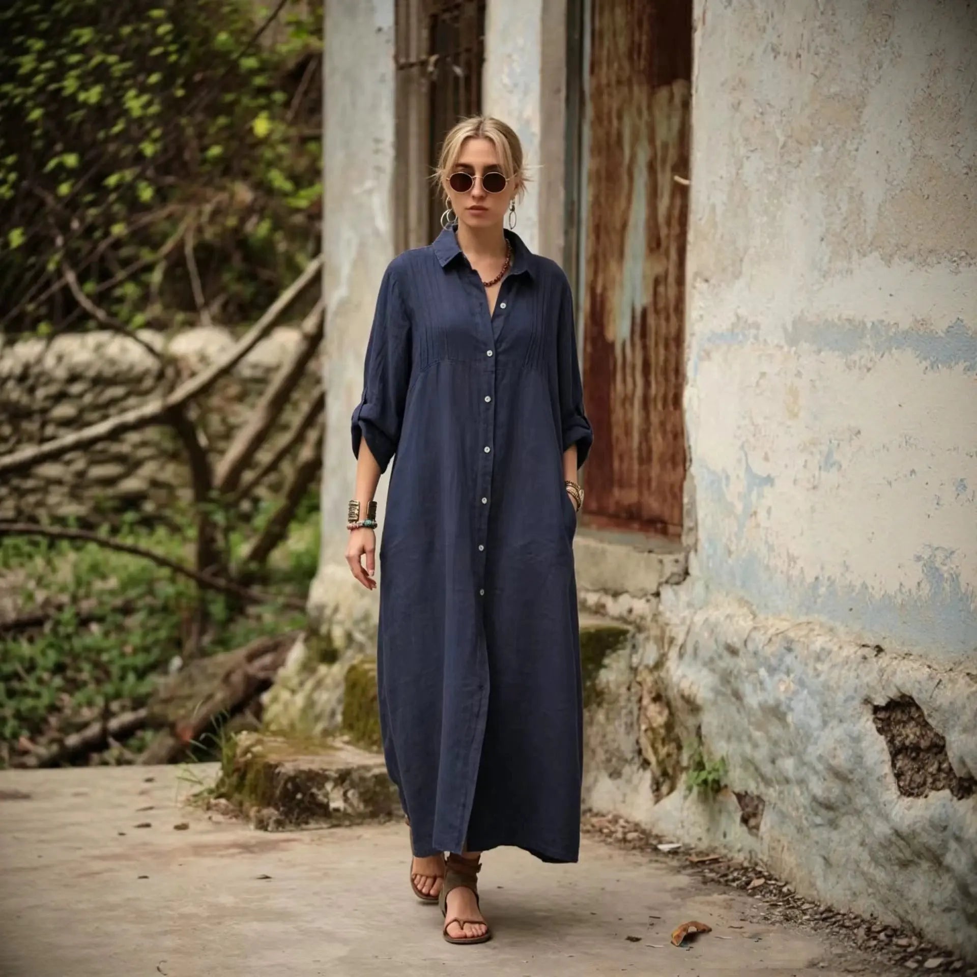 Army green loose-fit long dress by Dropshipman featuring a simple, elegant, and fashionable design.