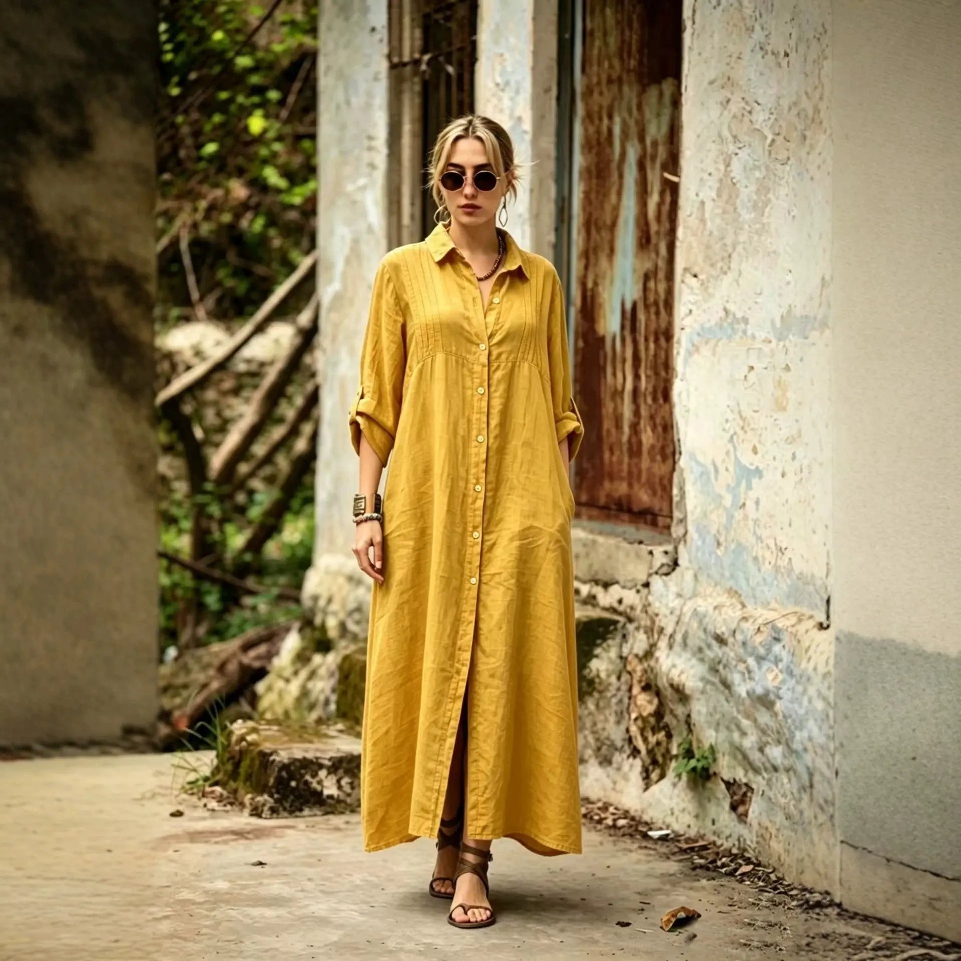 Army green elegant loose-fit long dress by Dropshipman, featuring simple, fashionable design and comfortable flowing silhouette.