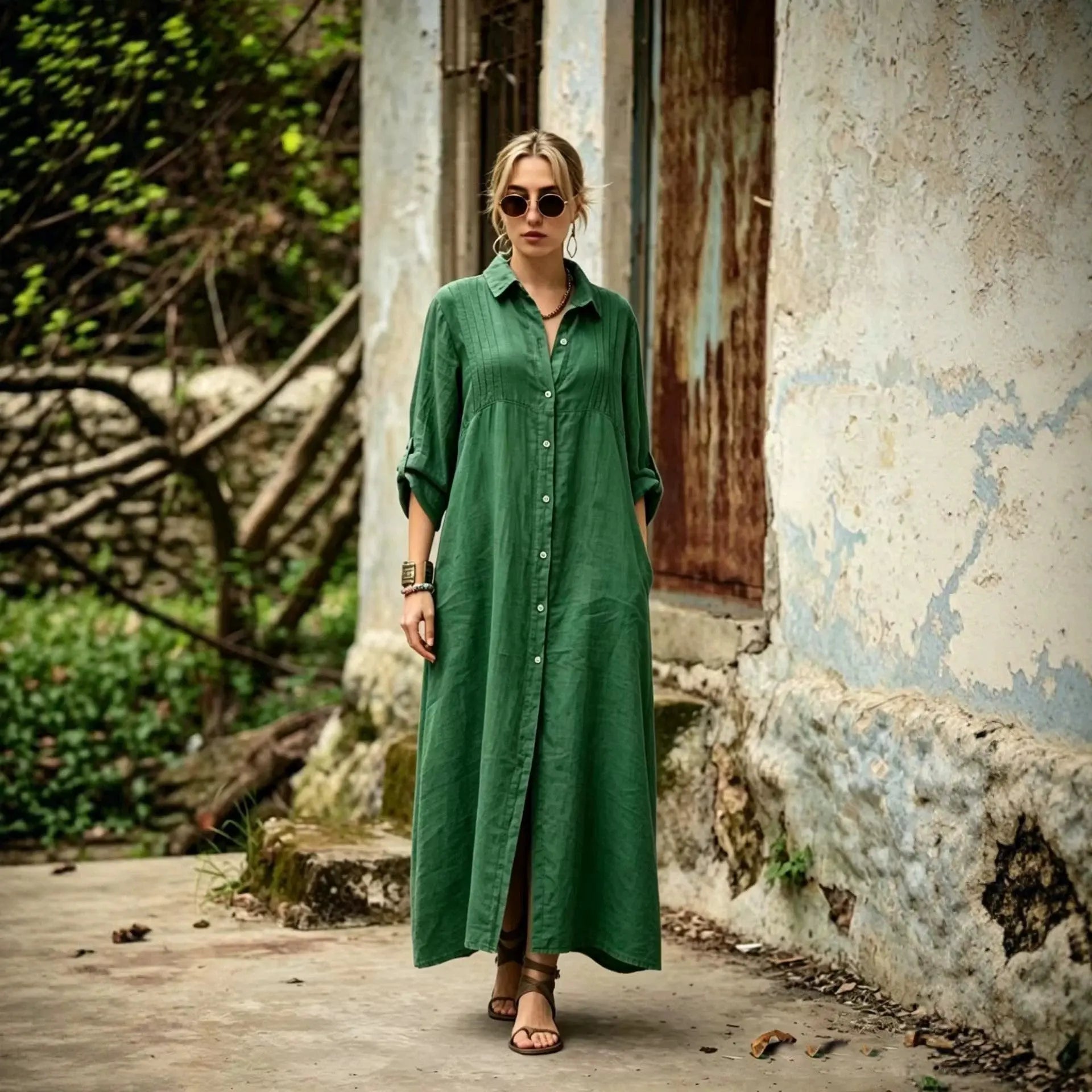 Army green elegant, loose-fit long dress by Dropshipman, featuring simple, fashionable design and flowing fabric.