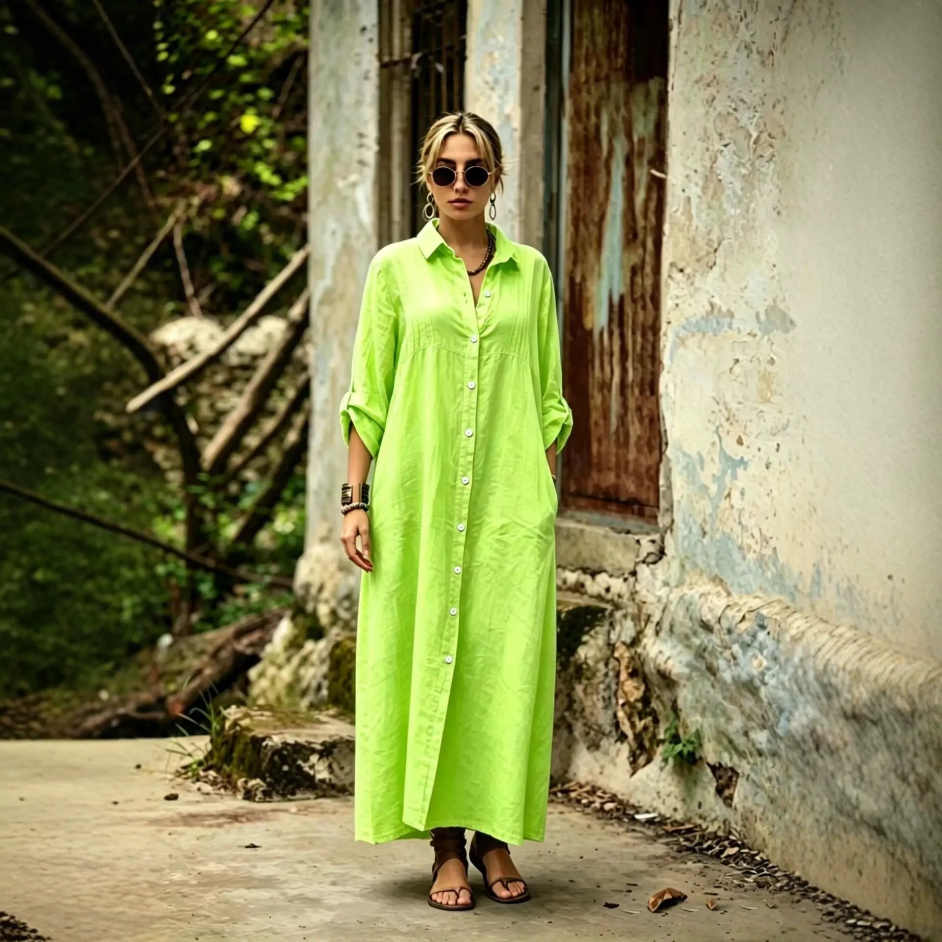 Army green loose-fit long dress by Dropshipman featuring simple, elegant, and fashionable design with a relaxed silhouette.