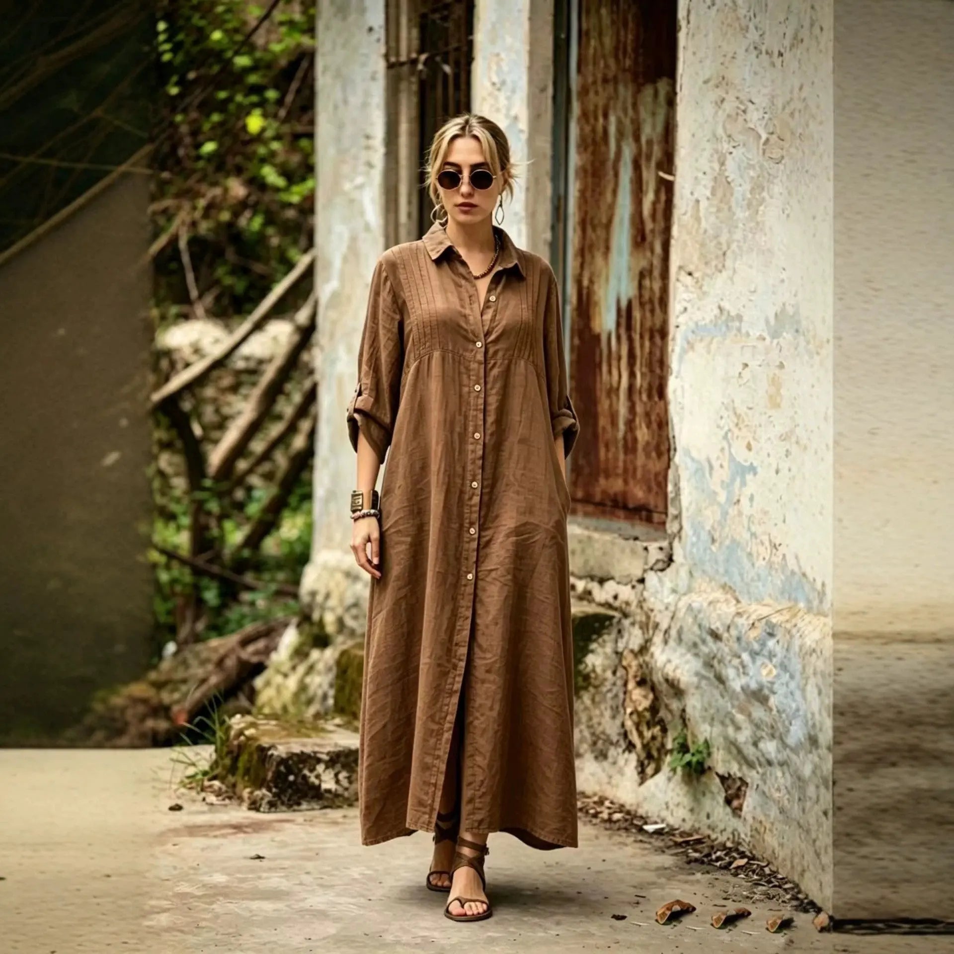 Army green loose-fit long dress by Dropshipman featuring a simple, elegant, and fashionable design with a relaxed silhouette.