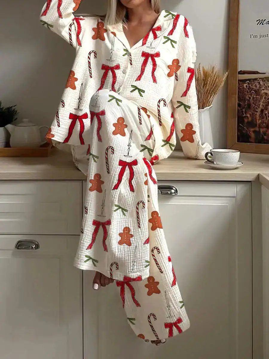 Ladies Christmas Cane Candy And Bow Pajama Set by Dropshipman