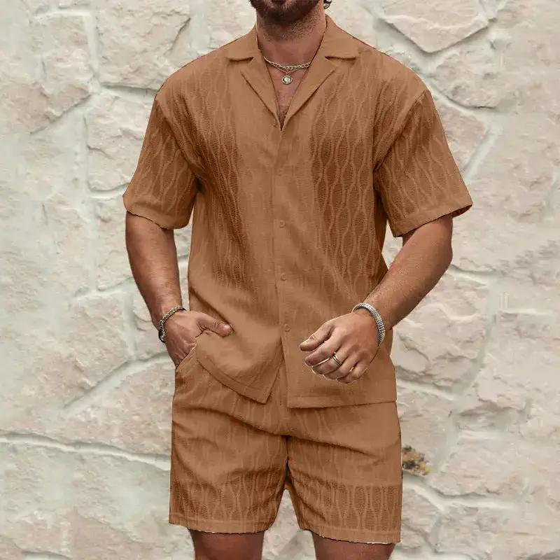 Men Tracksuits Summer Fashion Solid Loose Casual Two Pieces Lapel Button Shirt Shorts Beach Holiday All-match Outfits Male by Dropshipman