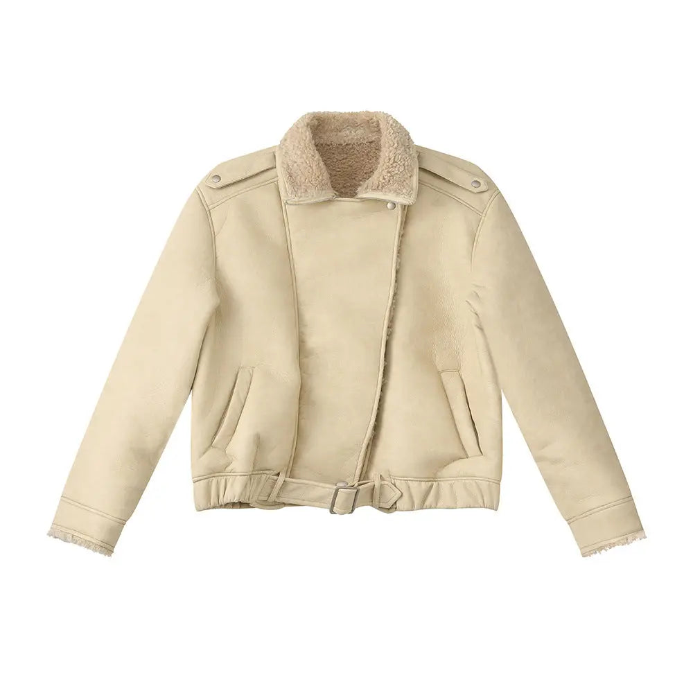 Beige Fur-lined Warm Jacket with turn-down collar, thickened for winter, by Dropshipman, featuring a cozy, stylish coat design.