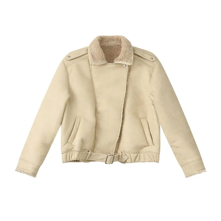 Beige Fur-lined Warm Jacket with turn-down collar, thickened for winter, by Dropshipman, featuring a cozy, stylish coat design.
