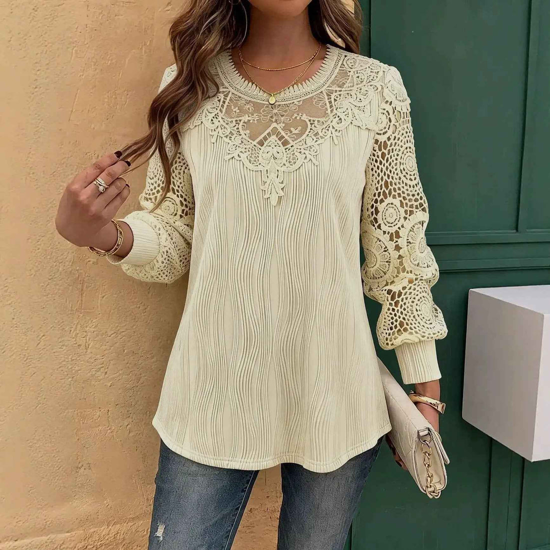 Lace-trimmed Wave-patterned Panel-seam Womens Long-sleeve Blouse
