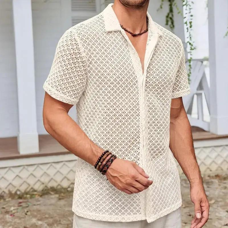 Summer Mesh Short Sleeve Shirt Fashion Solid Color Lapel Shirt Tops Beach Men Clothing by Dropshipman
