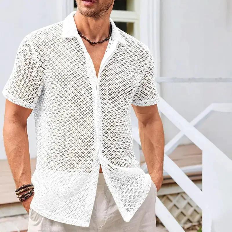 Summer Mesh Short Sleeve Shirt Fashion Solid Color Lapel Shirt Tops Beach Men Clothing by Dropshipman