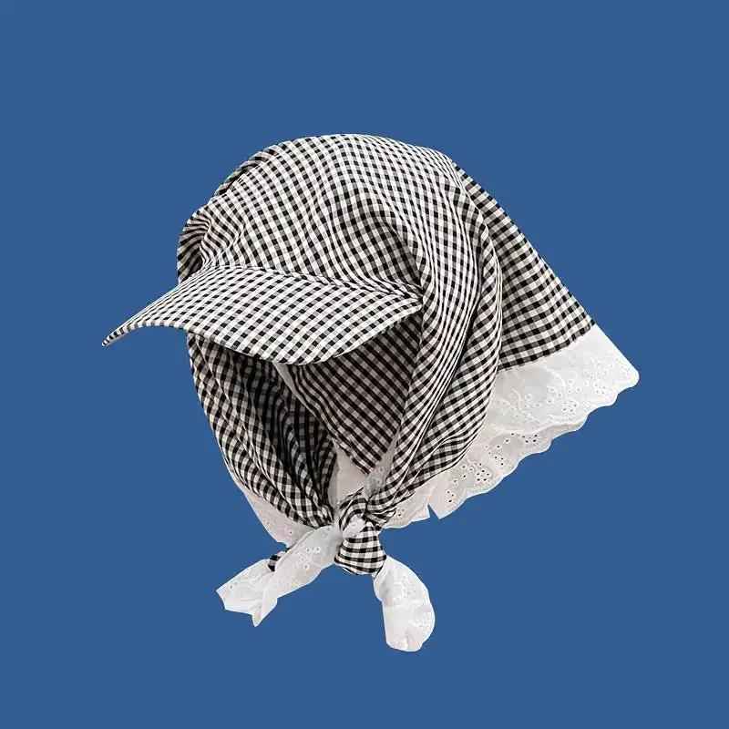 New Japanese-style Fresh And Chic Plaid Lace-trimmed Headscarf With Tie For Women