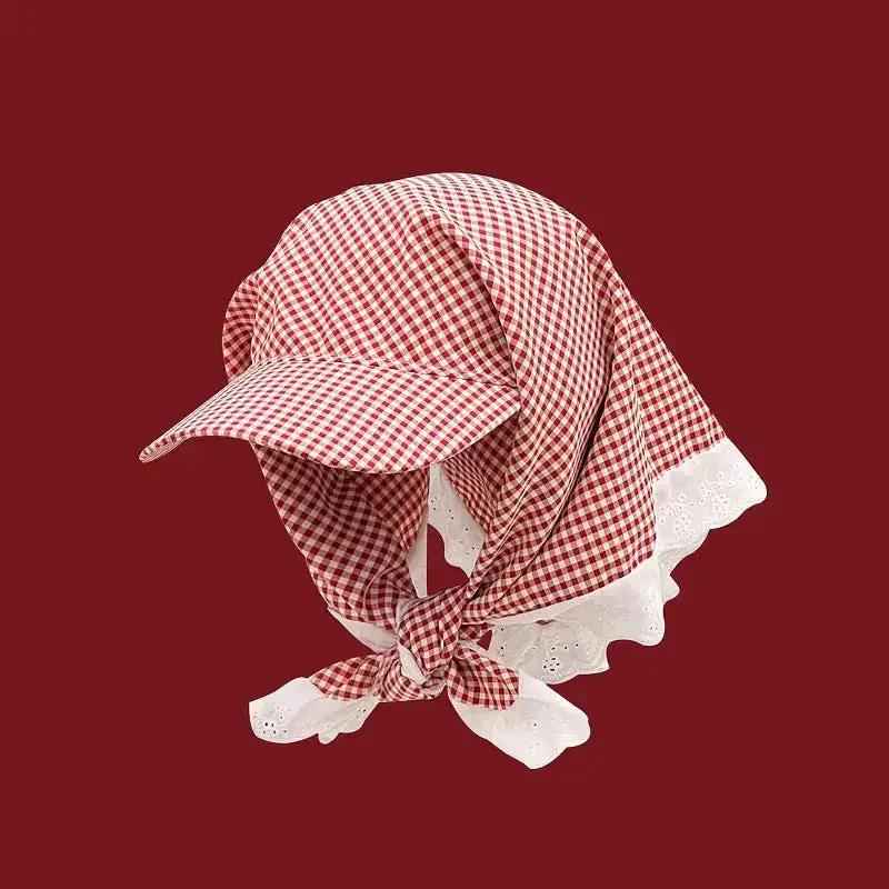 New Japanese-style Fresh And Chic Plaid Lace-trimmed Headscarf With Tie For Women