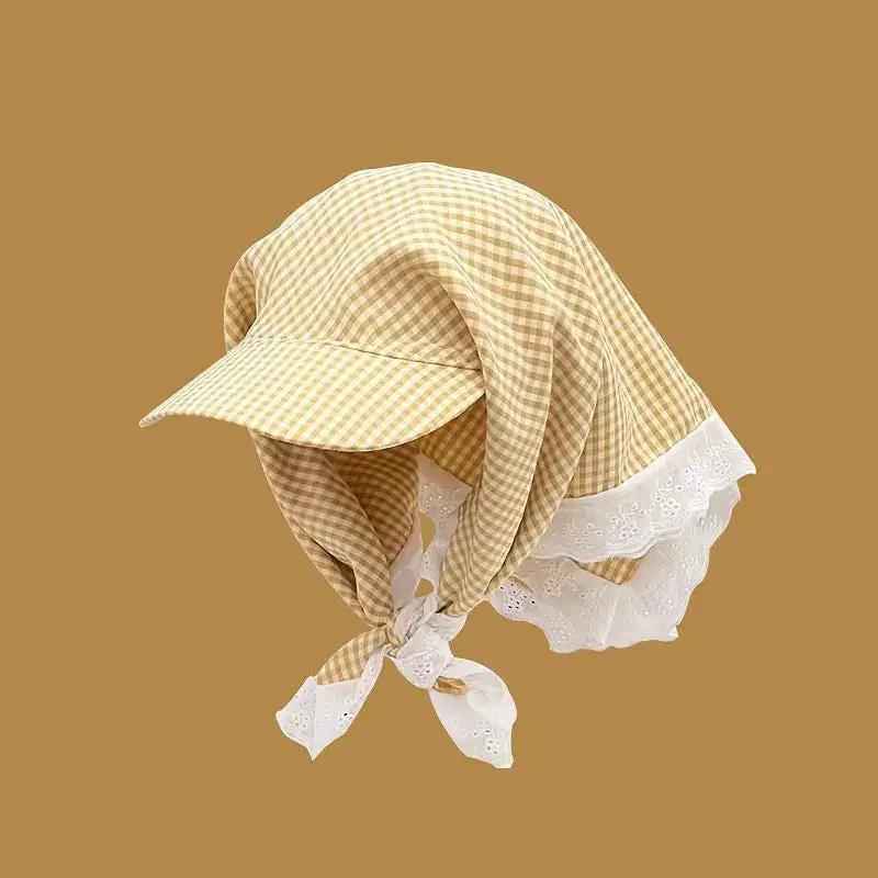 New Japanese-style Fresh And Chic Plaid Lace-trimmed Headscarf With Tie For Women