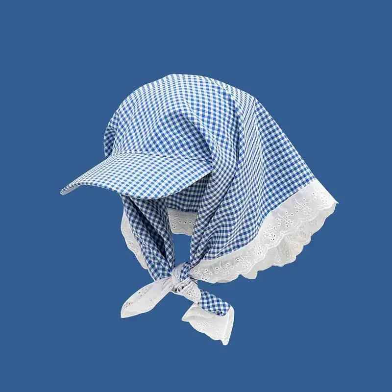 New Japanese-style Fresh And Chic Plaid Lace-trimmed Headscarf With Tie For Women