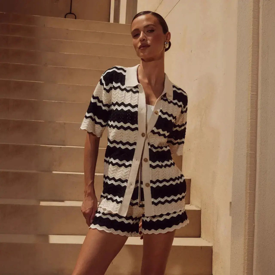 Hollow-out Striped Beach Cover-up Set by Dropshipman